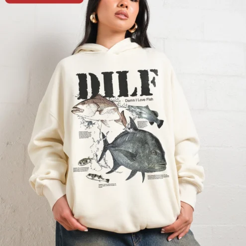 DILF Damn I Love Fish Hoodie Funny Fishing Gift for Men Anglers on a hanger, ready to ship from Chicago, Illinois