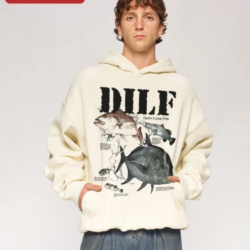 Customer in Chicago, Illinois wearing DILF Damn I Love Fish Hoodie Funny Fishing Gift for Men Anglers