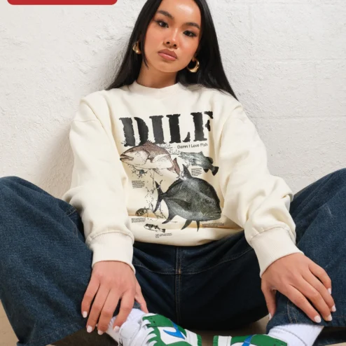 DILF Damn I Love Fish Sweatshirt Funny Fishing Dad Gift Vintage Angler Apparel on a hanger, ready to ship from Chicago, Illinois