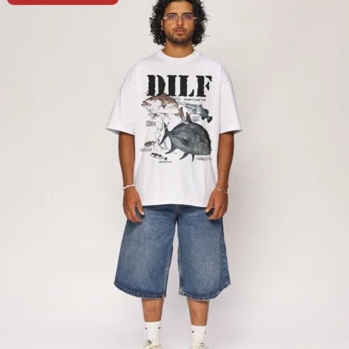 DILF Damn I Love Fish Tee Funny Fishing Humor Graphic Shirt for Anglers on a hanger, ready to ship from Chicago, Illinois
