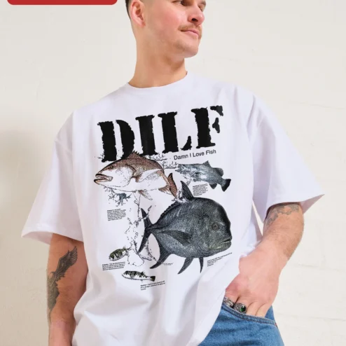 Close-up of DILF Damn I Love Fish Tee Funny Fishing Humor Graphic Shirt for Anglers for streetwear fans in Chicago, Illinois
