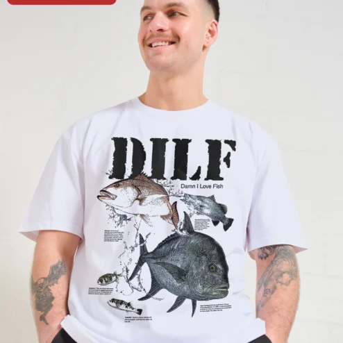 Close-up of DILF Damn I Love Fish Vintage Scientific Illustration Tee Funny Fishing Dad Gift for Men for streetwear fans in Chicago, Illinois
