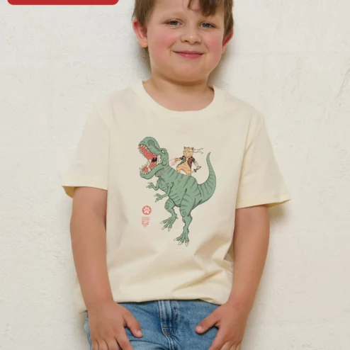 Dinosaur Knight Kids Tee Cartoon Medieval Adventure Graphic T-Shirt for Boys on a hanger, ready to ship from Chicago, Illinois