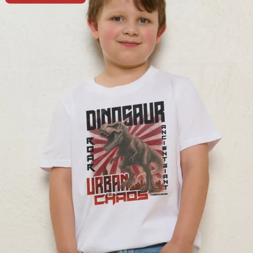 Customer in Chicago, Illinois wearing Dinosaur Roar Ancient Giant Urban Chaos T-Rex Graphic Tee for Kids