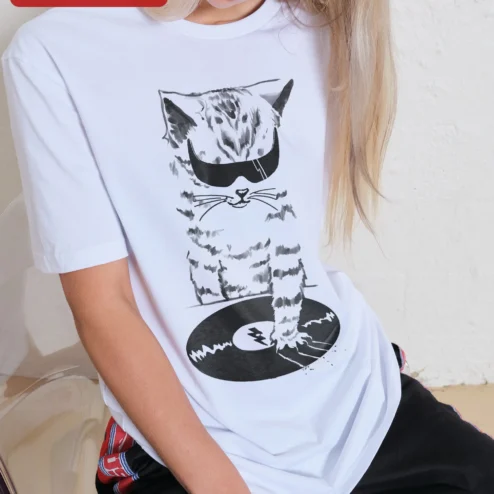 DJ Cat Vinyl Record Graphic Tee Funny Music Lover Gift for Cat Lovers on a hanger, ready to ship from Chicago, Illinois