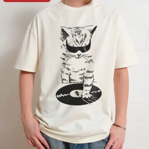 DJ Cat Vinyl Record Graphic Tee Funny Music Lover Gift for Cat Lovers