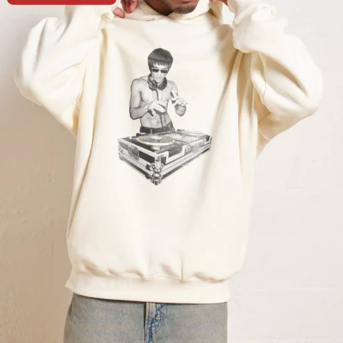 DJ Turntable Music Hoodie Retro Vinyl Graphic Sweatshirt for DJs and Music Lovers on a hanger, ready to ship from Chicago, Illinois