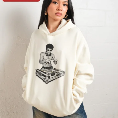 Close-up of DJ Turntable Music Hoodie Retro Vinyl Graphic Sweatshirt for DJs and Music Lovers for streetwear fans in Chicago, Illinois