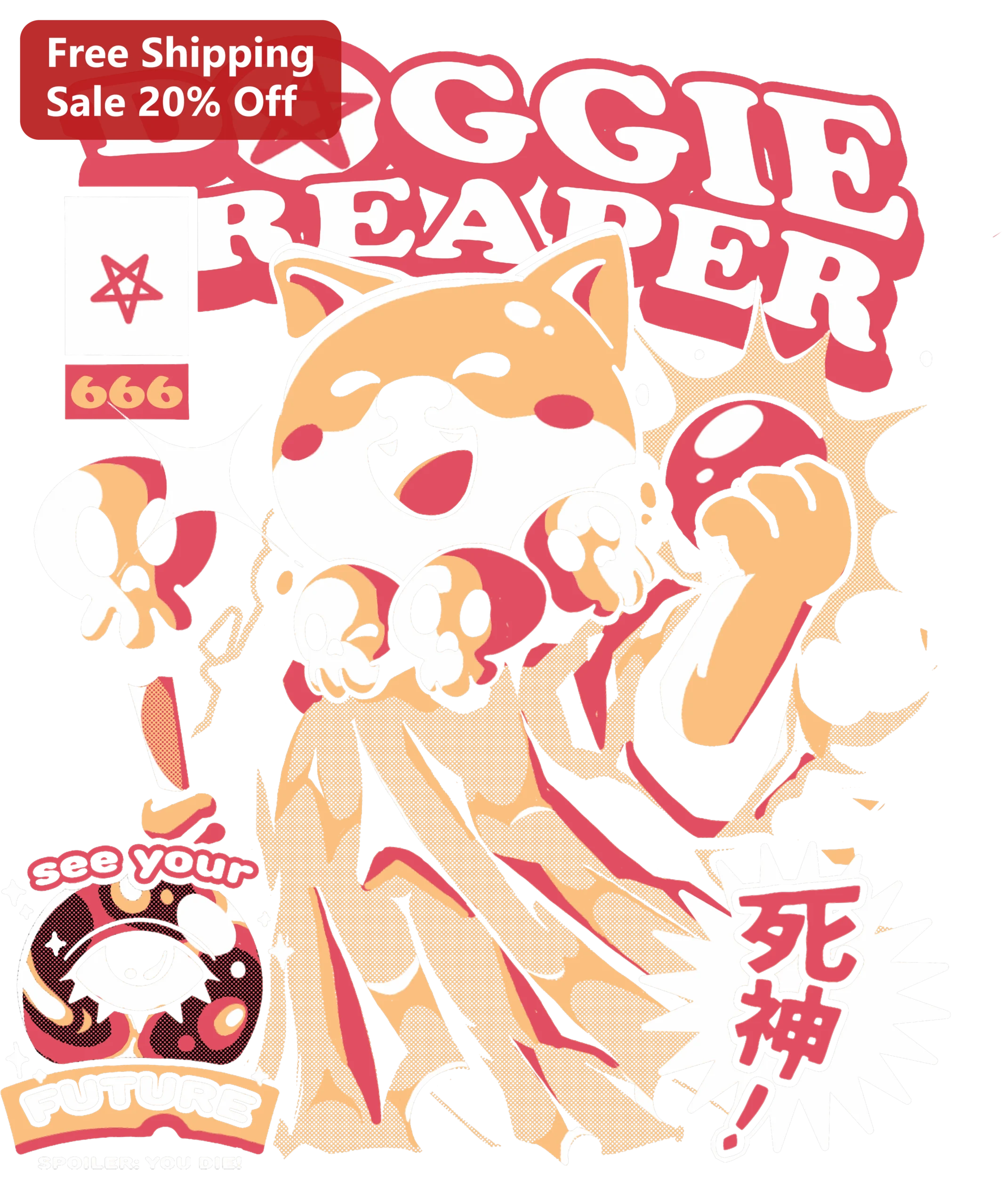 Doggie Reaper Tee Shiba Inu Grim Reaper Dark Humor Cute Occult Retro Graphic T-Shirt See Your Future Spoiler You Die Halloween Gift