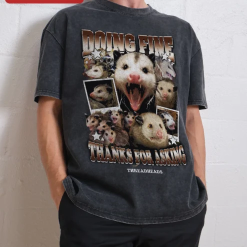 Doing Fine Thanks For Asking Opossum Meme Tee Funny Sarcastic Graphic Shirt for Introverts