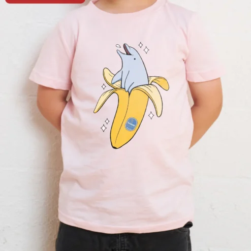 Dolphin in Banana Peel Cartoon Tee Funny Kids Novelty Graphic T-Shirt Gift on a hanger, ready to ship from Chicago, Illinois