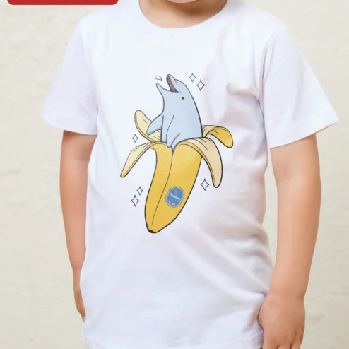 Customer in Chicago, Illinois wearing Dolphin in Banana Peel Cartoon Tee Funny Kids Novelty Graphic T-Shirt Gift