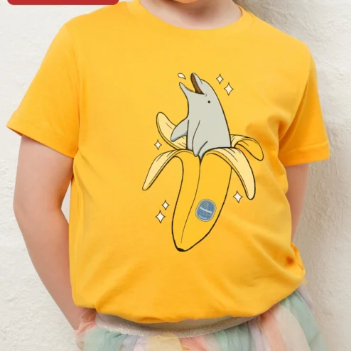 Close-up of Dolphin in Banana Peel Cartoon Tee Funny Kids Novelty Graphic T-Shirt Gift for streetwear fans in Chicago, Illinois