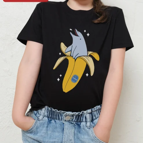 Dolphin in Banana Peel Cartoon Tee Funny Kids Novelty Graphic T-Shirt Gift