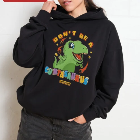 Don't Be A Cuntasaurus Hoodie Funny Retro T-Rex Graphic Pullover Gift for Adults on a hanger, ready to ship from Chicago, Illinois