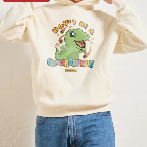 Close-up of Don't Be A Cuntasaurus Hoodie Funny Retro T-Rex Graphic Pullover Gift for Adults for streetwear fans in Chicago, Illinois