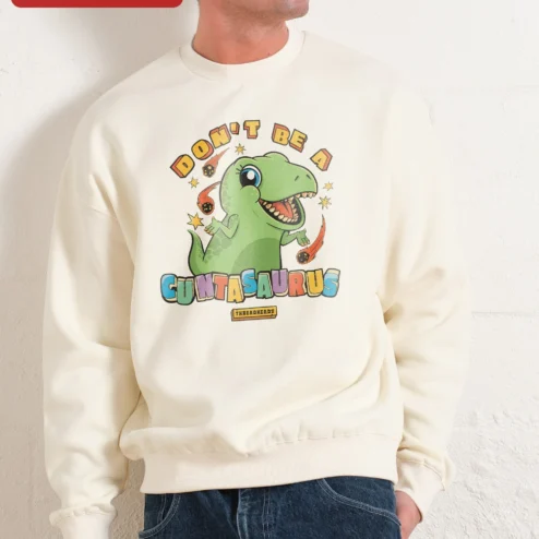 Close-up of Don't Be A Guntasaurus Funny Dinosaur Sweatshirt Novelty Gift for streetwear fans in Chicago, Illinois