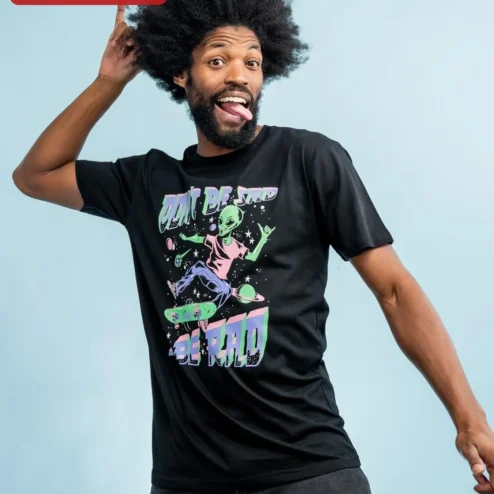 Customer in Chicago, Illinois wearing Don't Be Sad Be Rad Alien Skateboarding Graphic Tee Retro Space Humor Shirt