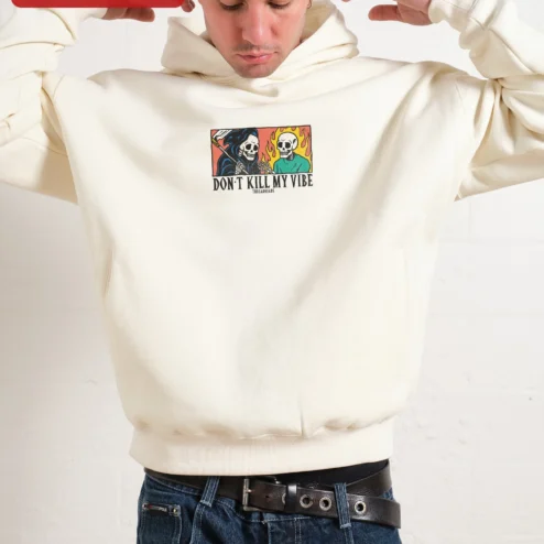 Don't Kill My Vibe Hoodie Grim Reaper Skeleton Graphic Streetwear Pullover on a hanger, ready to ship from Chicago, Illinois