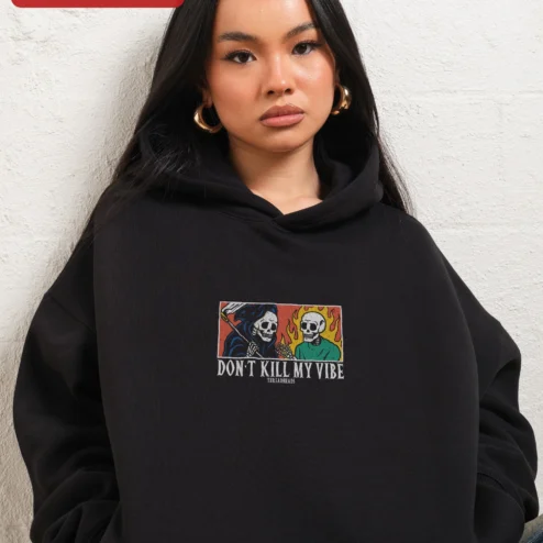 Customer in Chicago, Illinois wearing Don't Kill My Vibe Hoodie Grim Reaper Skeleton Graphic Streetwear Pullover