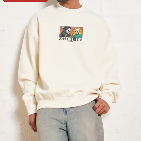 Don't Kill My Vibe Skeleton Crewneck Sweatshirt Gothic Vintage Comic Style Streetwear on a hanger, ready to ship from Chicago, Illinois