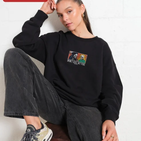 Customer in Chicago, Illinois wearing Don't Kill My Vibe Skeleton Crewneck Sweatshirt Gothic Vintage Comic Style Streetwear