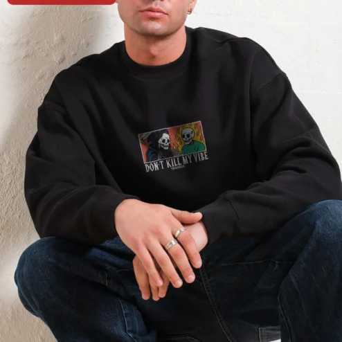 Don't Kill My Vibe Skeleton Crewneck Sweatshirt Gothic Vintage Comic Style Streetwear