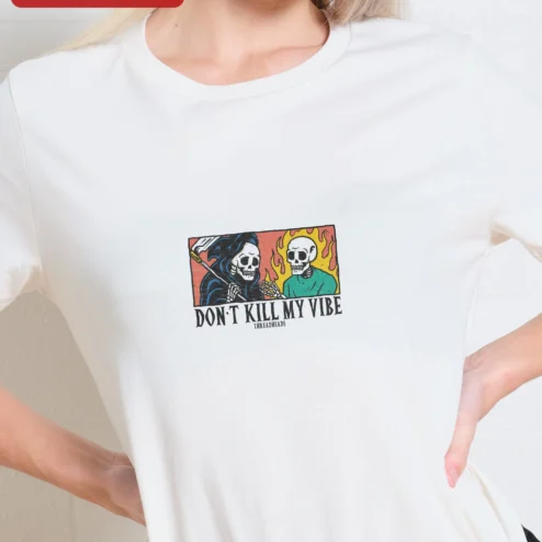 Don't Kill My Vibe Skeleton Graphic Tee Alternative Streetwear Shirt for Women on a hanger, ready to ship from Chicago, Illinois