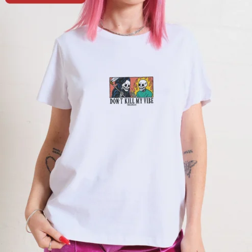 Customer in Chicago, Illinois wearing Don't Kill My Vibe Skeleton Graphic Tee Alternative Streetwear Shirt for Women