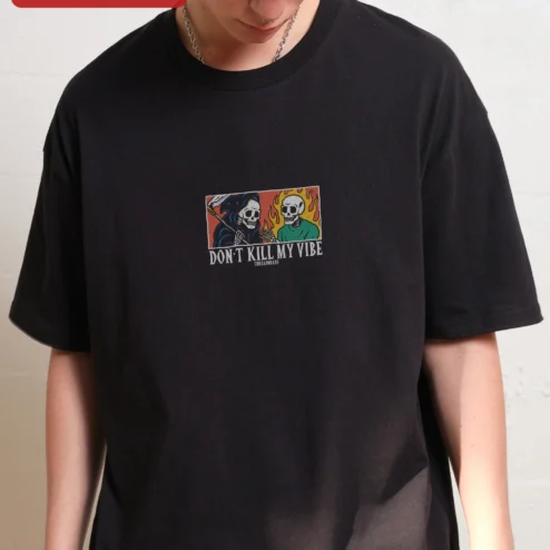 Don't Kill My Vibe Tee Grim Reaper Skeleton Graphic Shirt on a hanger, ready to ship from Chicago, Illinois