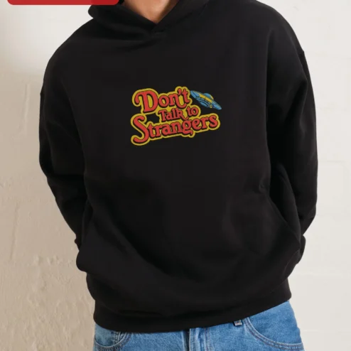Close-up of Don't Talk to Strangers Hoodie Rick Springfield 80s Retro Music Merch Gift for Men for streetwear fans in Chicago, Illinois