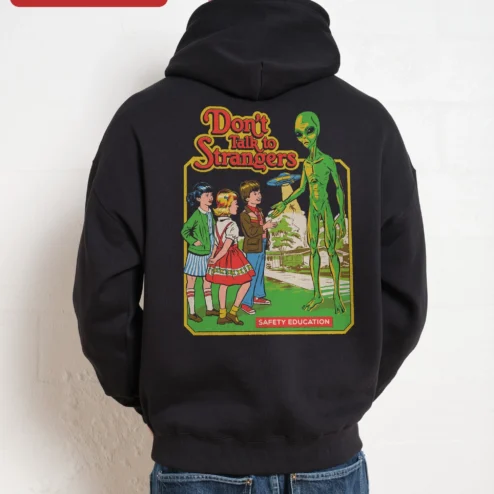 Close-up of Don't Talk to Strangers Hoodie Rick Springfield 80s Retro Music Merch Gift for Men for streetwear fans in Chicago, Illinois