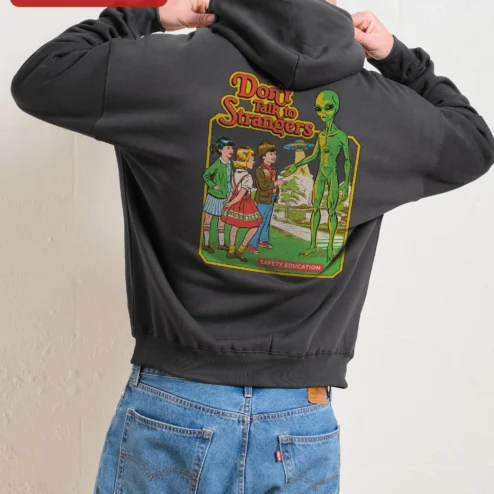 Customer in Chicago, Illinois wearing Don't Talk to Strangers Hoodie Rick Springfield 80s Retro Music Merch Gift for Men
