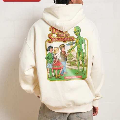 Close-up of Don't Talk to Strangers Hoodie Rick Springfield 80s Retro Music Merch Gift for Men for streetwear fans in Chicago, Illinois