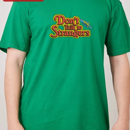 Customer in Chicago, Illinois wearing Don't Talk to Strangers Rick Springfield Retro UFO Graphic Tee for Men Women