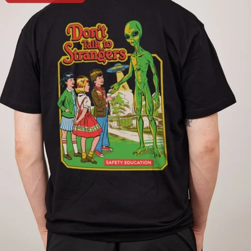 Close-up of Don't Talk to Strangers Rick Springfield Retro UFO Graphic Tee for Men Women for streetwear fans in Chicago, Illinois