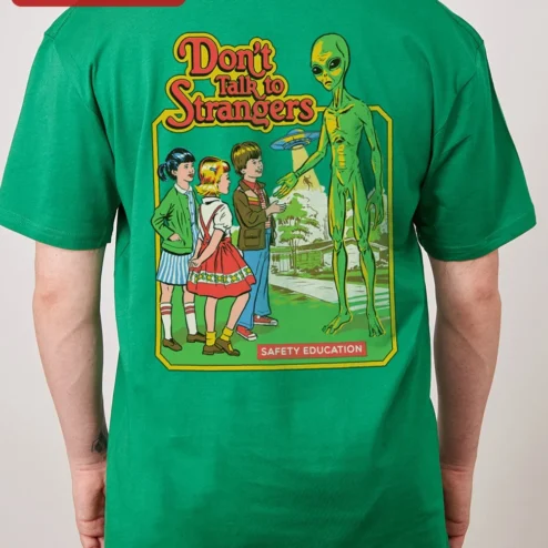 Customer in Chicago, Illinois wearing Don't Talk to Strangers Rick Springfield Retro UFO Graphic Tee for Men Women