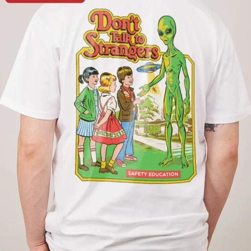 Close-up of Don't Talk to Strangers Rick Springfield Retro UFO Graphic Tee for Men Women for streetwear fans in Chicago, Illinois