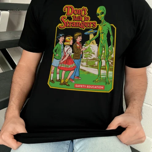 Don't Talk to Strangers Safety Education Retro Alien Graphic Tee on a hanger, ready to ship from Chicago, Illinois