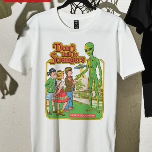 Close-up of Don't Talk to Strangers Safety Education Retro Alien Graphic Tee for streetwear fans in Chicago, Illinois