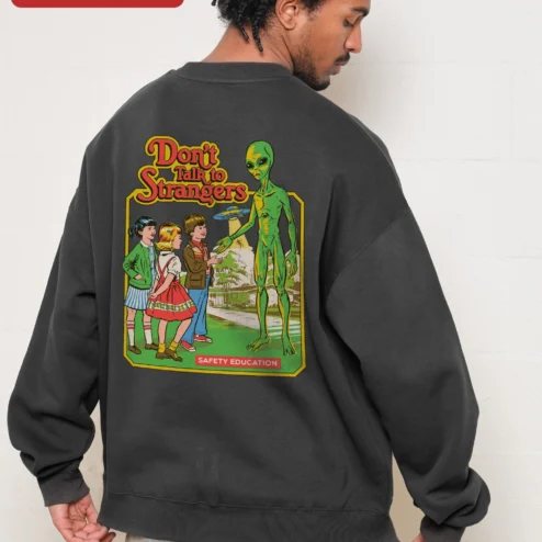 Customer in Chicago, Illinois wearing Don't Talk to Strangers Sweatshirt Retro 80s Music Fan Apparel Unisex Crewneck