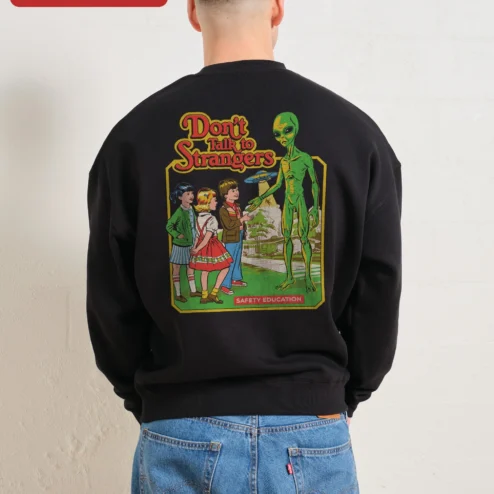 Close-up of Don't Talk to Strangers Sweatshirt Retro 80s Music Fan Apparel Unisex Crewneck for streetwear fans in Chicago, Illinois