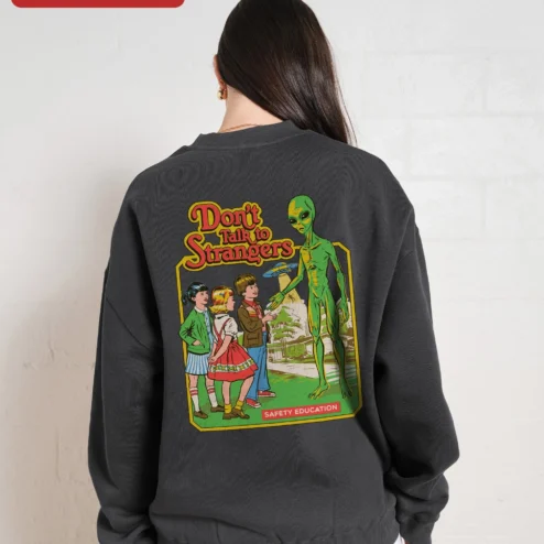 Customer in Chicago, Illinois wearing Don't Talk to Strangers Sweatshirt Retro 80s Music Fan Apparel Unisex Crewneck