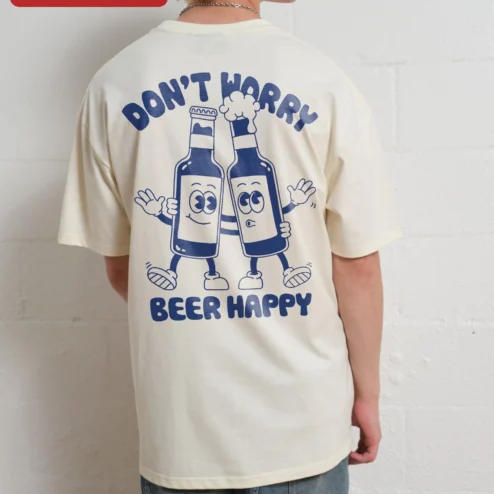 Customer in Chicago, Illinois wearing Don't Worry Beer Happy Funny Beer Quote Tee Retro Cartoon Bottles Gift for Beer Lovers