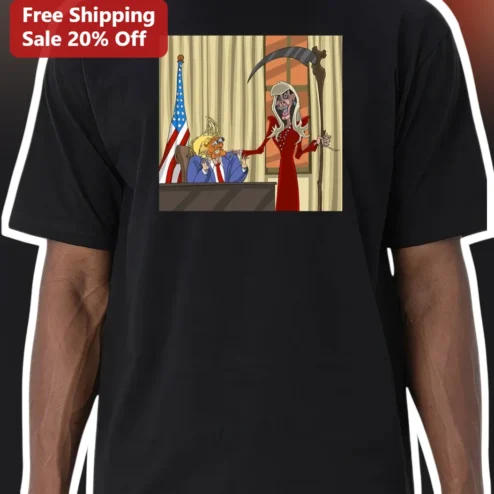 Donald Trump Tee Political Satire Grim Reaper Cartoon Graphic T-Shirt