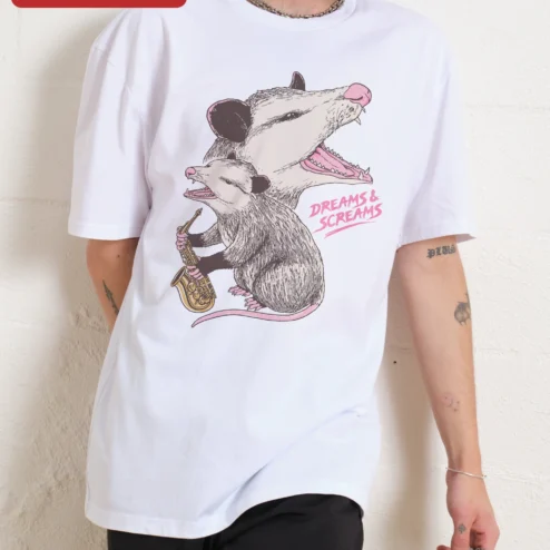 Customer in Chicago, Illinois wearing Dreams Screams Tee Opossum Playing Saxophone Funny Retro Animal Graphic T-Shirt for Music Lovers