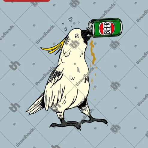 Drinking Cockatoo Beer Can Tee Funny Bird Graphic Shirt for Parrot Lovers and Craft Beer Fans on a hanger, ready to ship from Chicago, Illinois