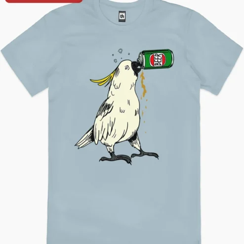 Customer in Chicago, Illinois wearing Drinking Cockatoo Beer Can Tee Funny Bird Graphic Shirt for Parrot Lovers and Craft Beer Fans