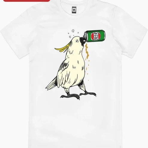 Close-up of Drinking Cockatoo Beer Can Tee Funny Bird Graphic Shirt for Parrot Lovers and Craft Beer Fans for streetwear fans in Chicago, Illinois