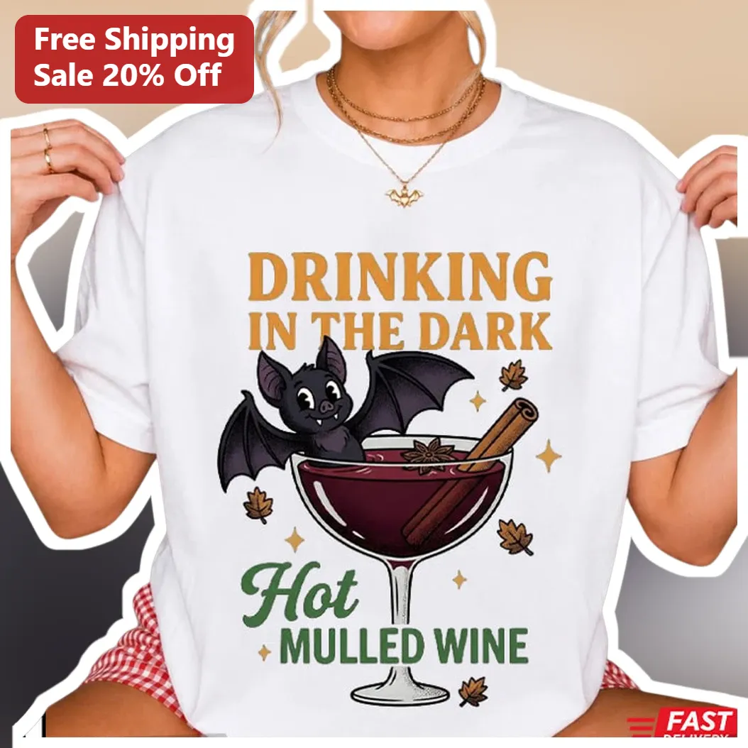Drinking in the Dark Hot Mulled Wine Tee Cute Halloween Bat Graphic Shirt for Science Humor Fans